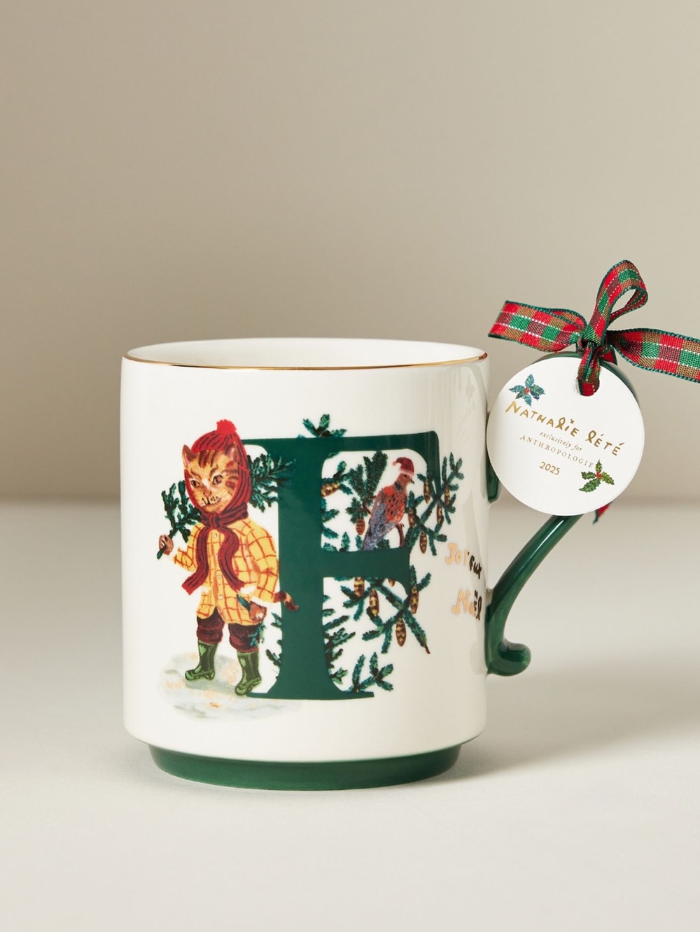 Anthropologie Holiday Monogram Mug Inital Letter F Cup Nathalie Lete Cat Bird